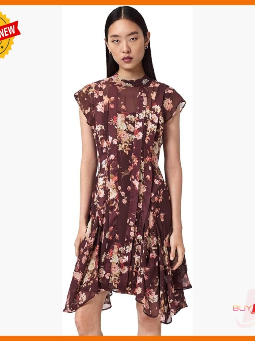 Floral Semi-Sheer Dress with Pleated Panels, Asymmetric Hem, Long Sleeves